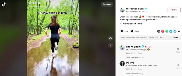 Captura de pantalla de vídeo de jogging en pantalla verde de @thefashionjogger en TikTok