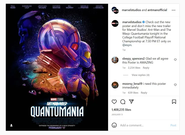 Capture d'écran de la collaboration Instagram entre @marvelstudios et @antmanofficial.