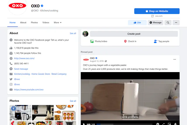 OXO Facebook-Geschäftsseite Screenshot eines angehefteten Beitrags 