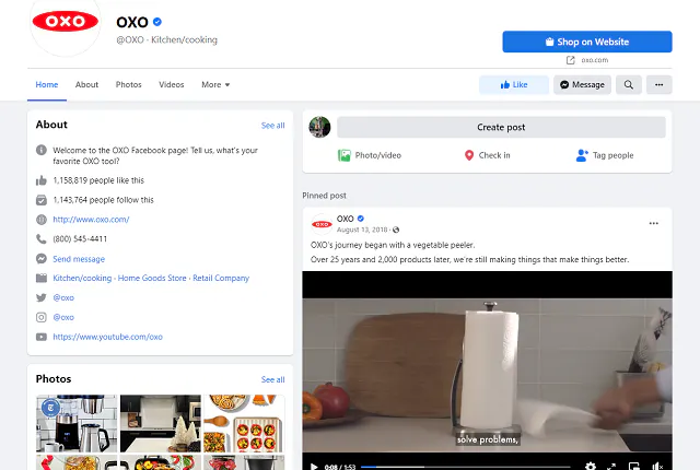 Imagem da página de negócios OXO Facebook de uma publicação com pin 