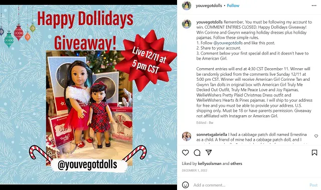 Screenshot del giveaway su Instagram di @youvegotdolls