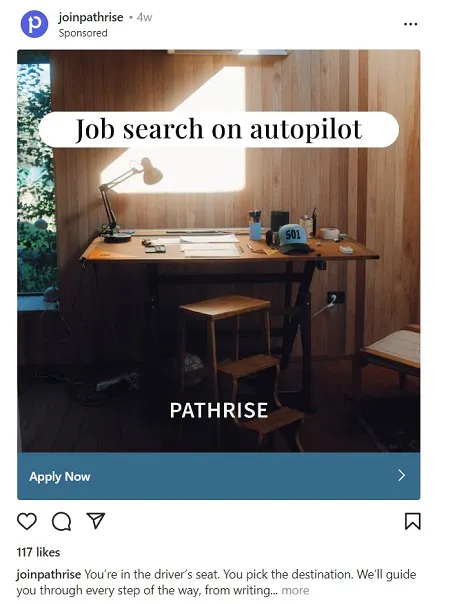 Captura de pantalla del post patrocinado de Instagram de @joinpathrise 