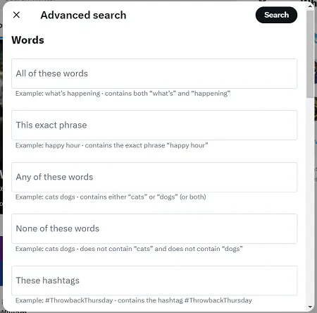 Capture d'écran de la recherche avancée de Twitter