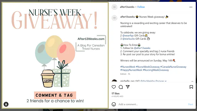 Captura de pantalla de Instagram del sorteo de la Semana de la Enfermería de @after13weeks