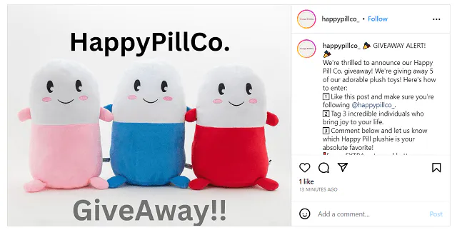 Captura de pantalla del sorteo de Instagram de @happypillco_.